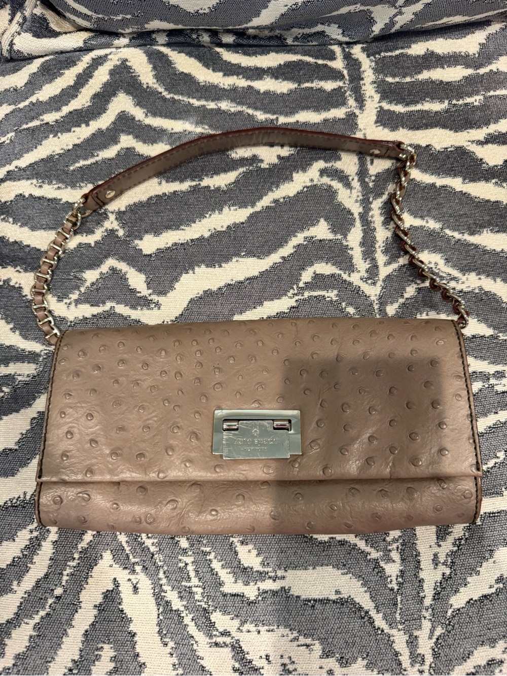 Kate Spade New York Ostrich Embossed Clutch Bag with silver chain and buckle